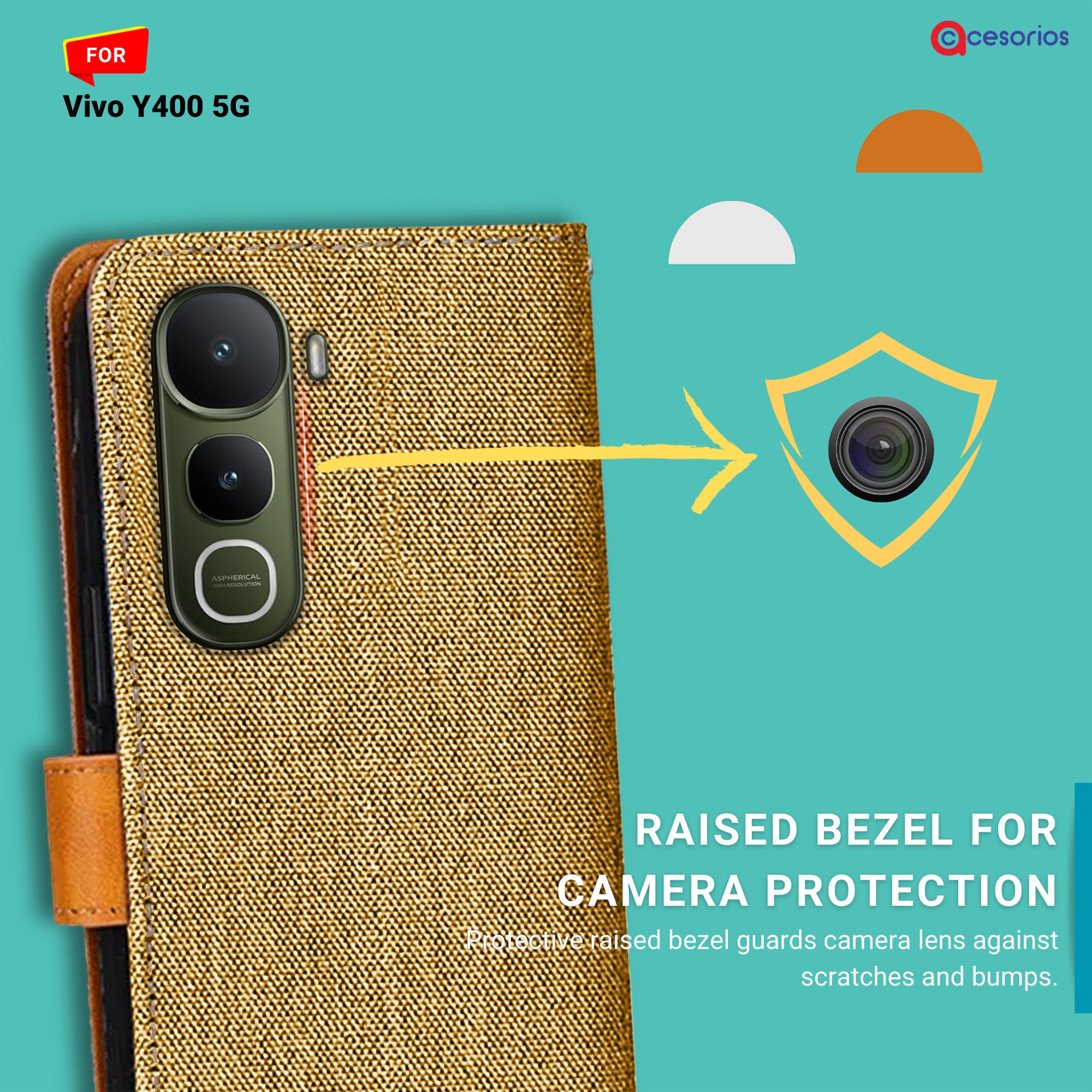 Accesorios Vivo Y400 5G denim flip cover – Light Brown – Image 2 #color_light brown