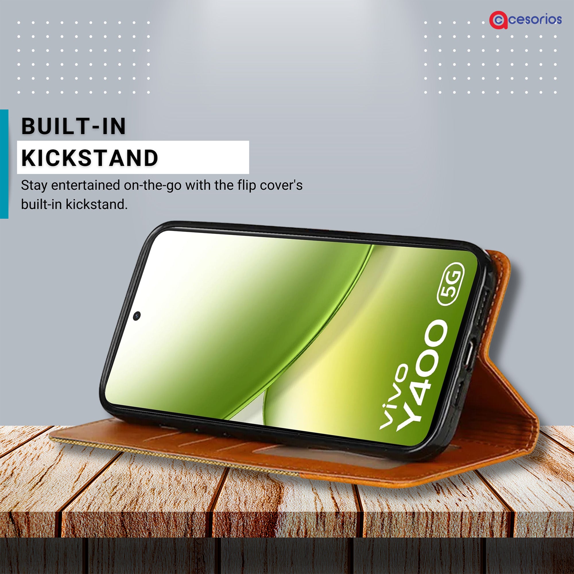 Accesorios Vivo Y400 5G denim flip cover – Light Brown – Image 4 #color_light brown