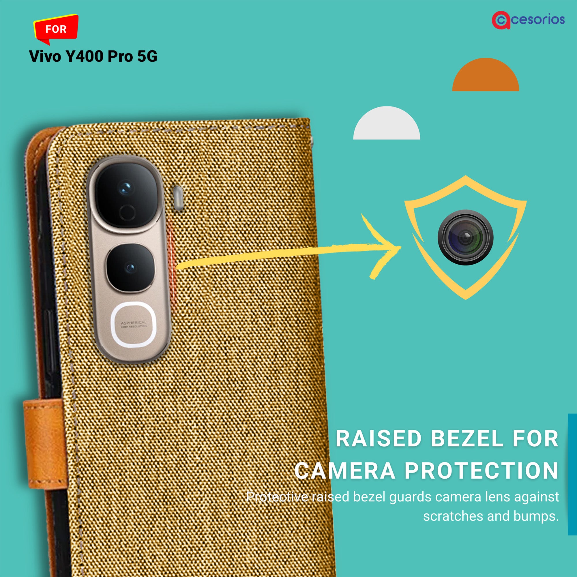 Accesorios Vivo Y400 Pro 5G denim flip cover – Light Brown – Image 2 #color_light brown