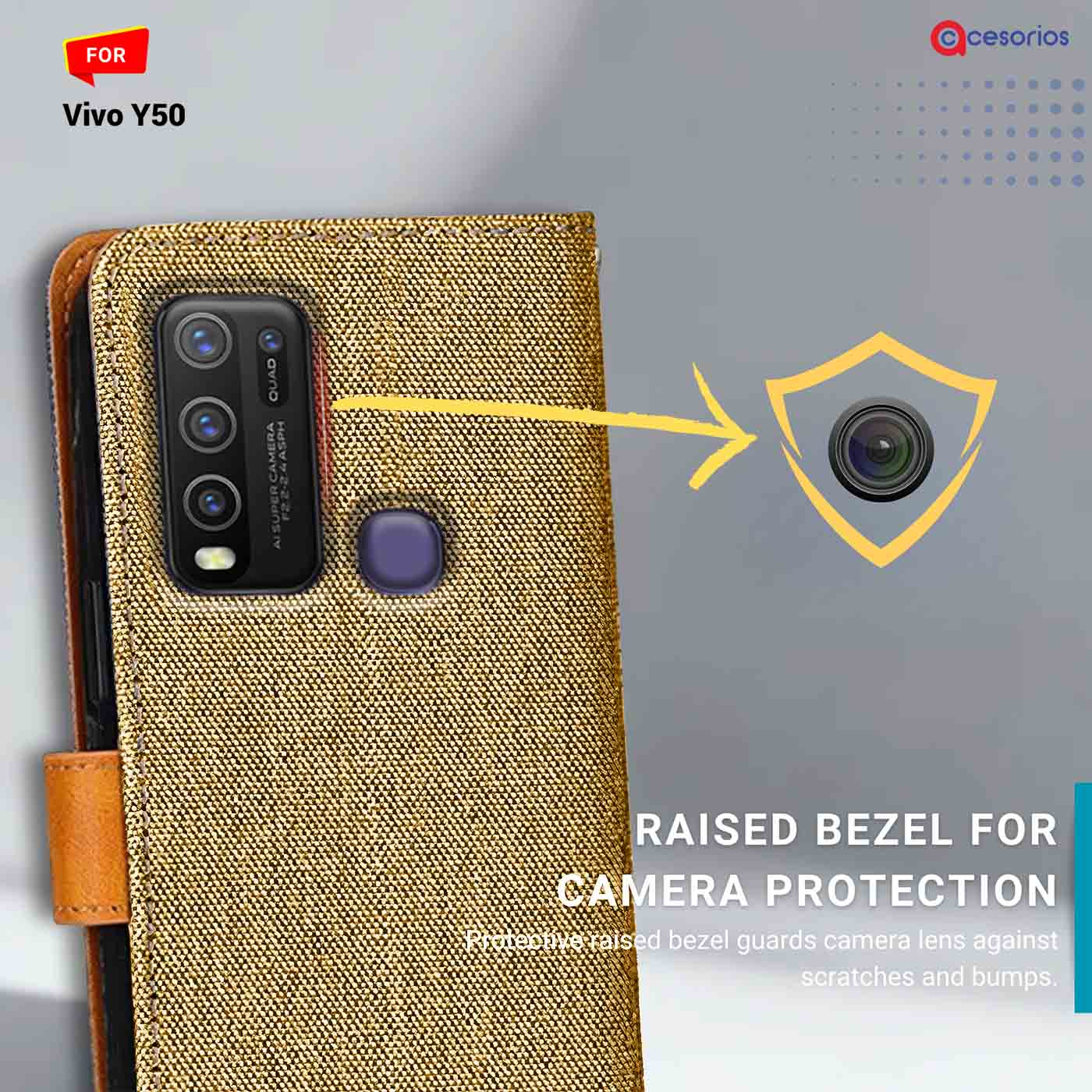 Accesorios Vivo Y50 denim flip cover – Light Brown – Image 2 #color_light b