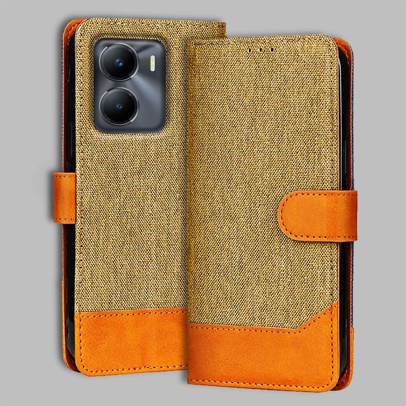 Accesorios Vivo Y56 5G denim flip cover – Light Brown – Image 1 #color_light b