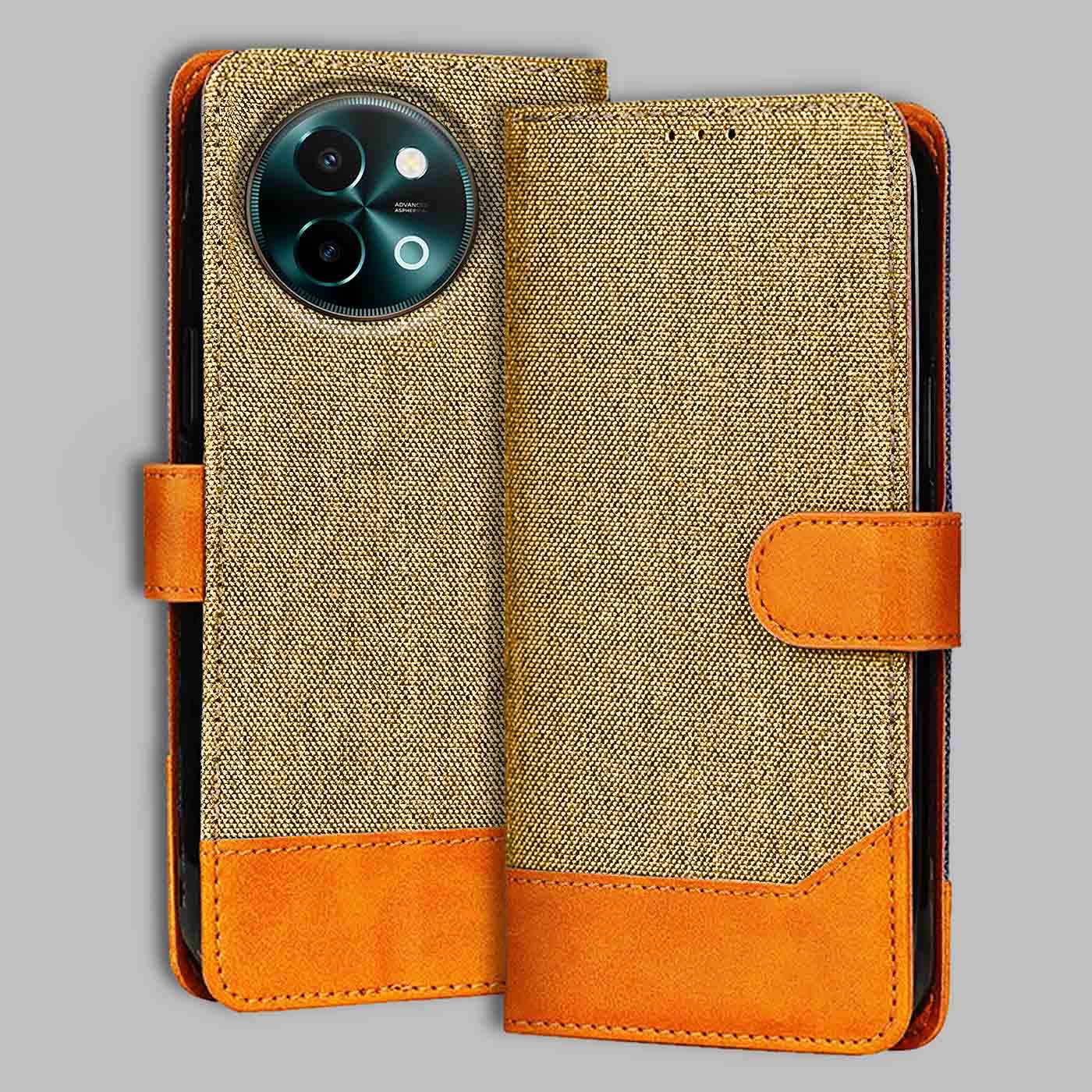 Vivo Y58 5G flip cover in Light Brown — front view by Accesorios