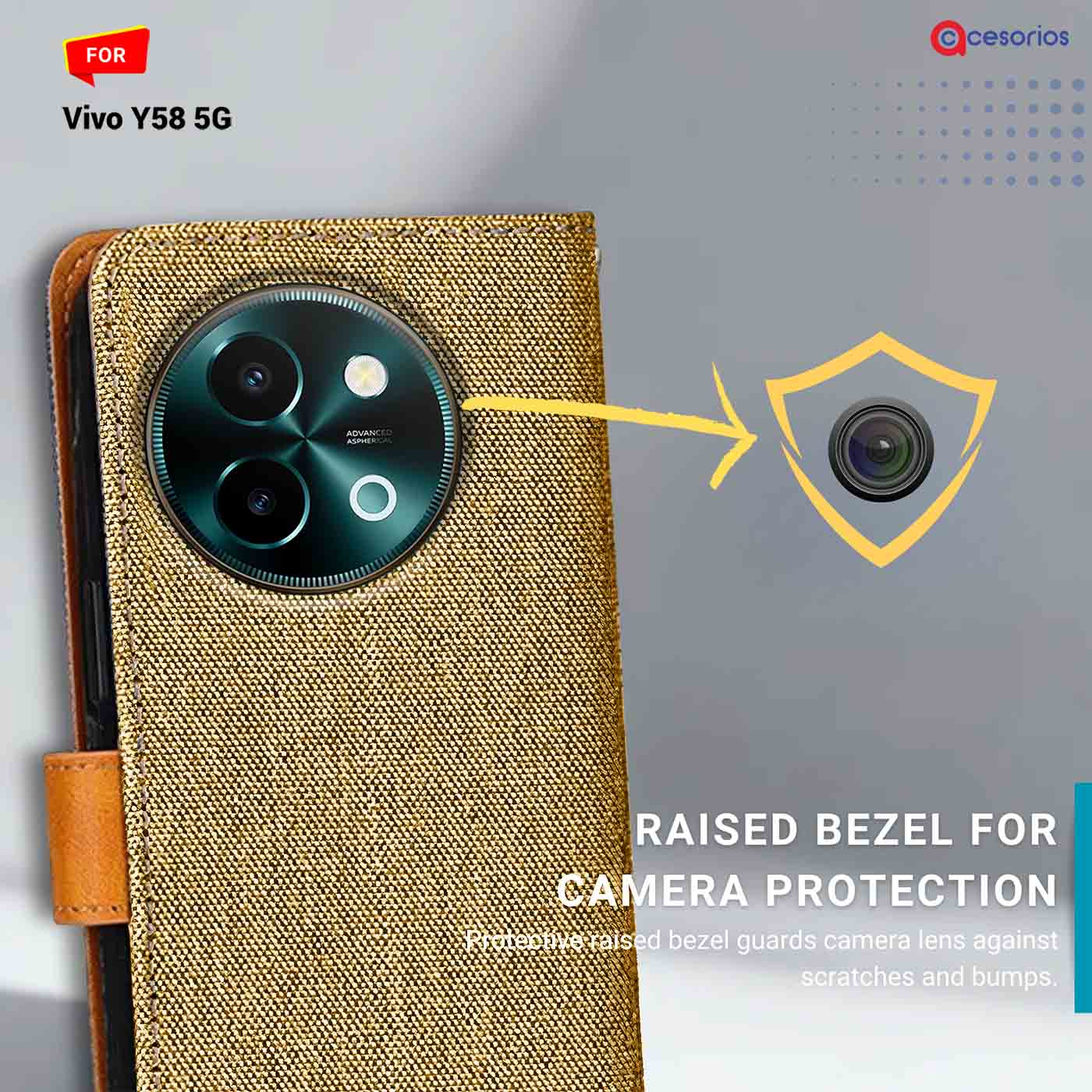 Denim & Leather back panel — Vivo Y58 5G in Light Brown mobile case