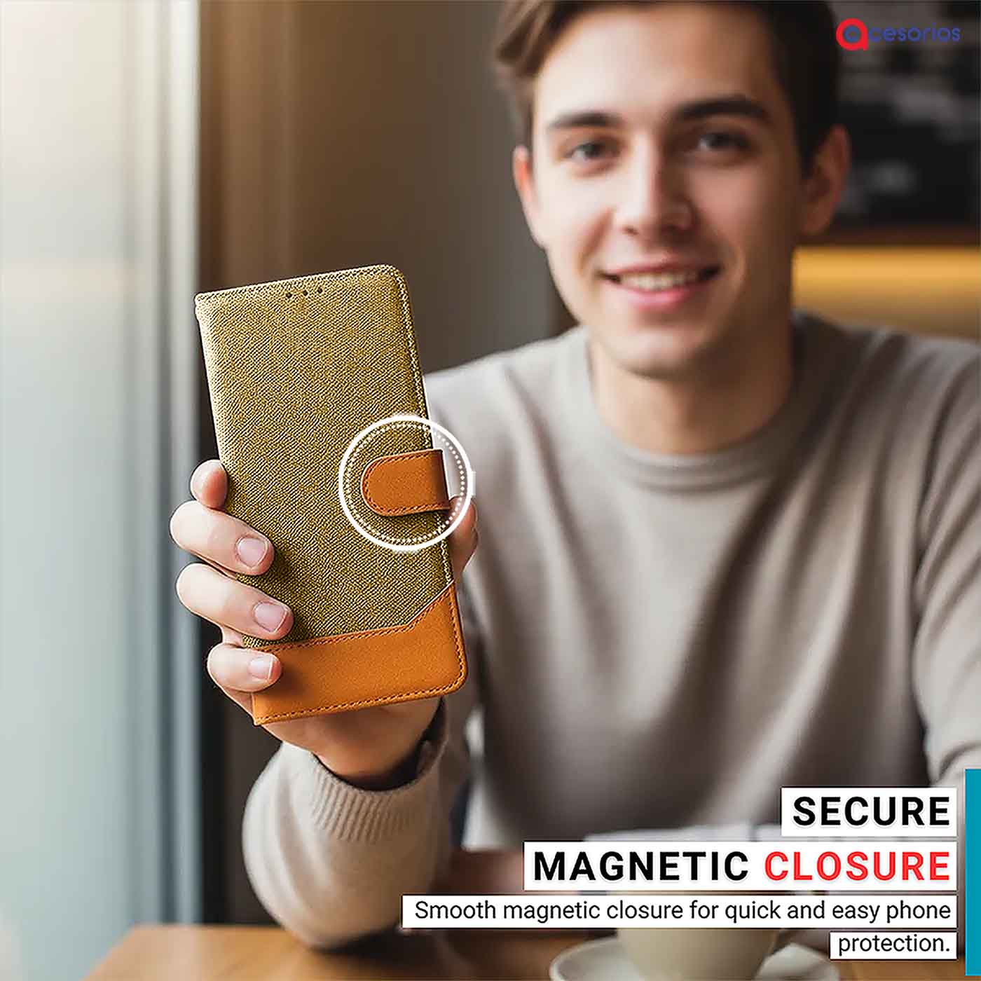 Hand holding Vivo Y58 5G in Light Brown flip cover with magnetic closure