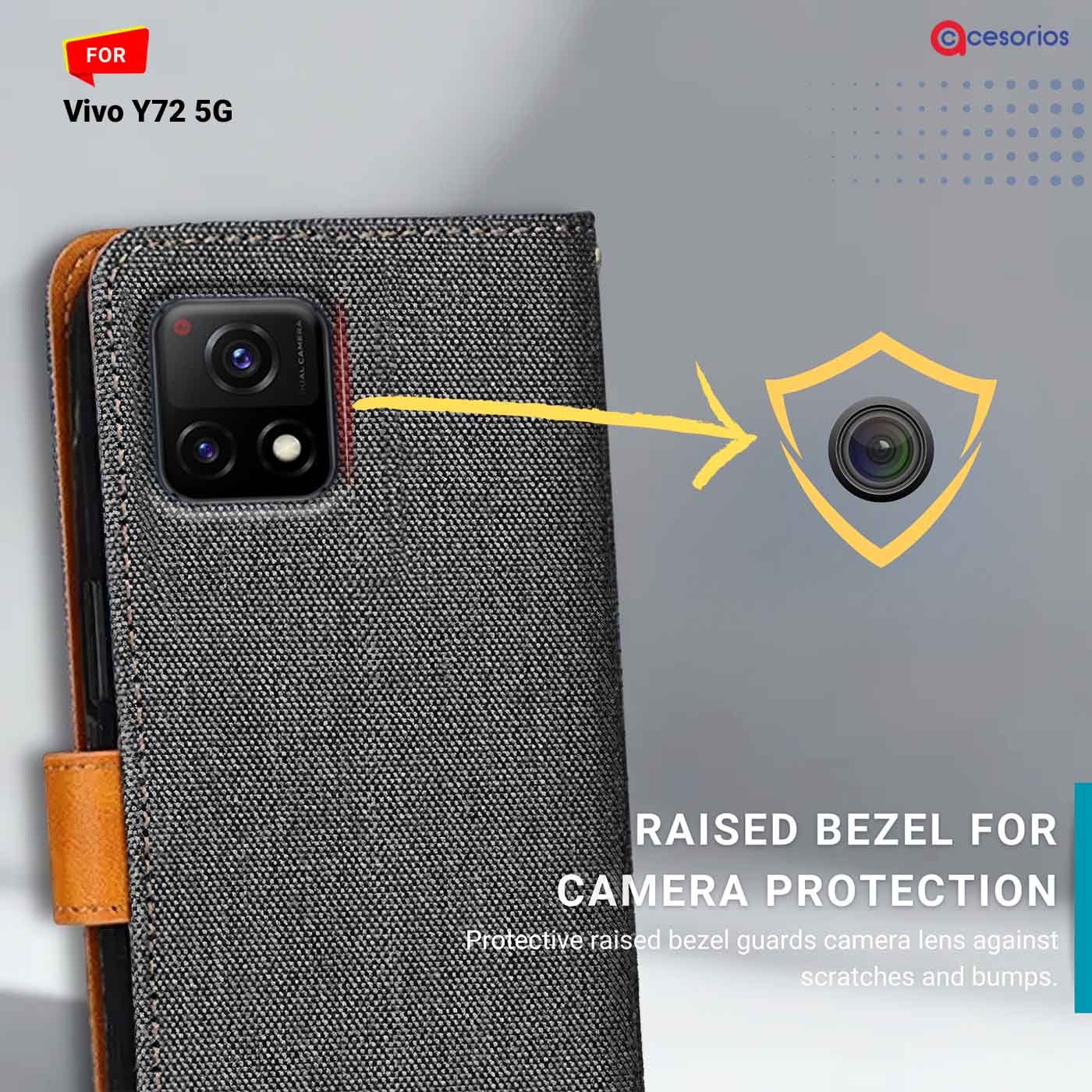 Accesorios Vivo Y72 5G denim flip cover – Grey – Image 2 #color_