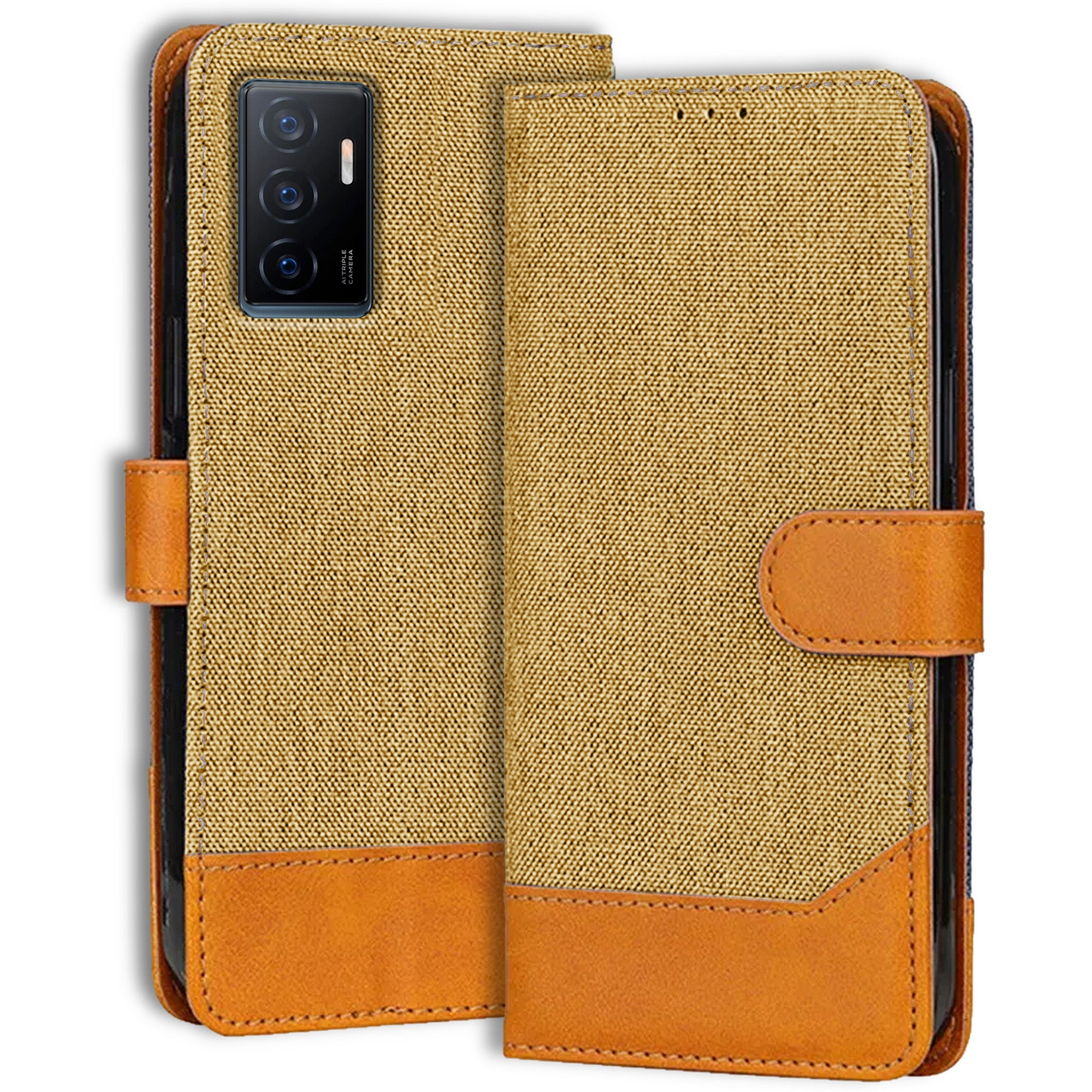 Accesorios Vivo Y75 4G denim flip cover – Light Brown – Image 1 #color_light brown