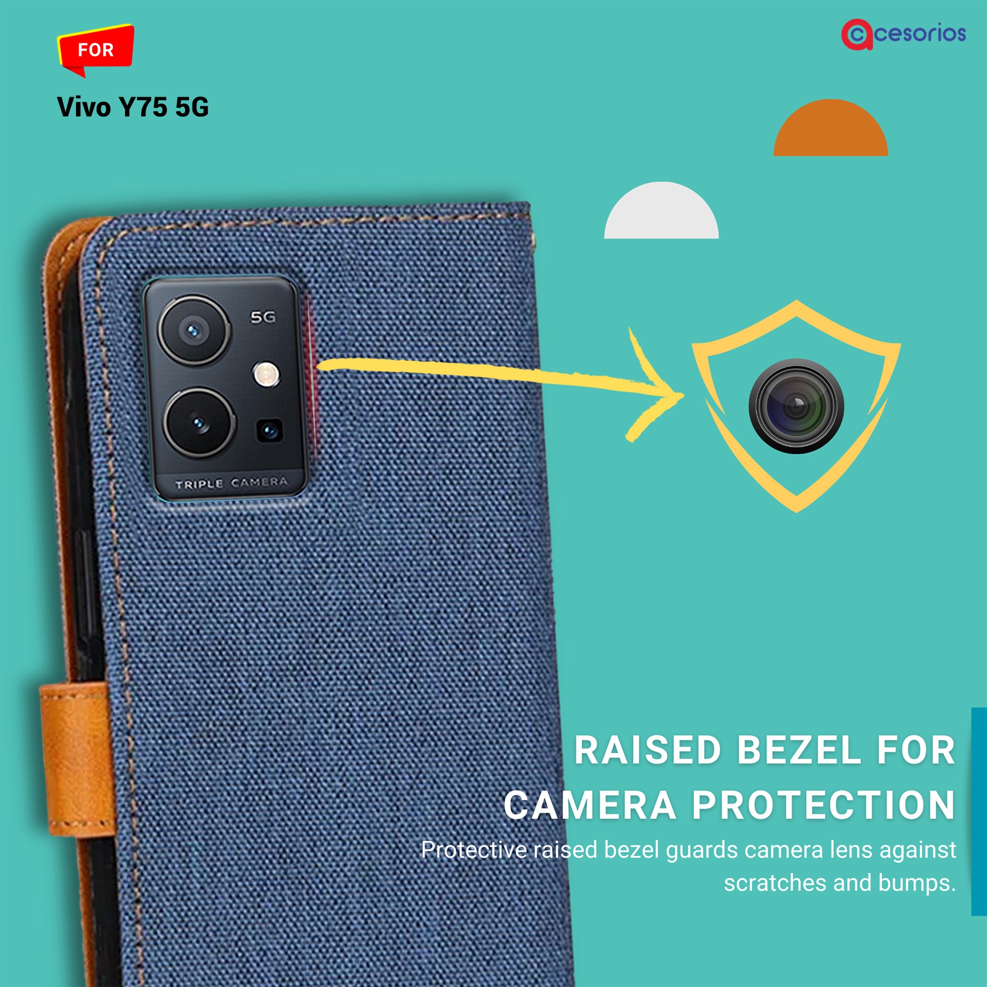 Accesorios Vivo Y75 5G denim flip cover – Blue – Image 2 #color_blue