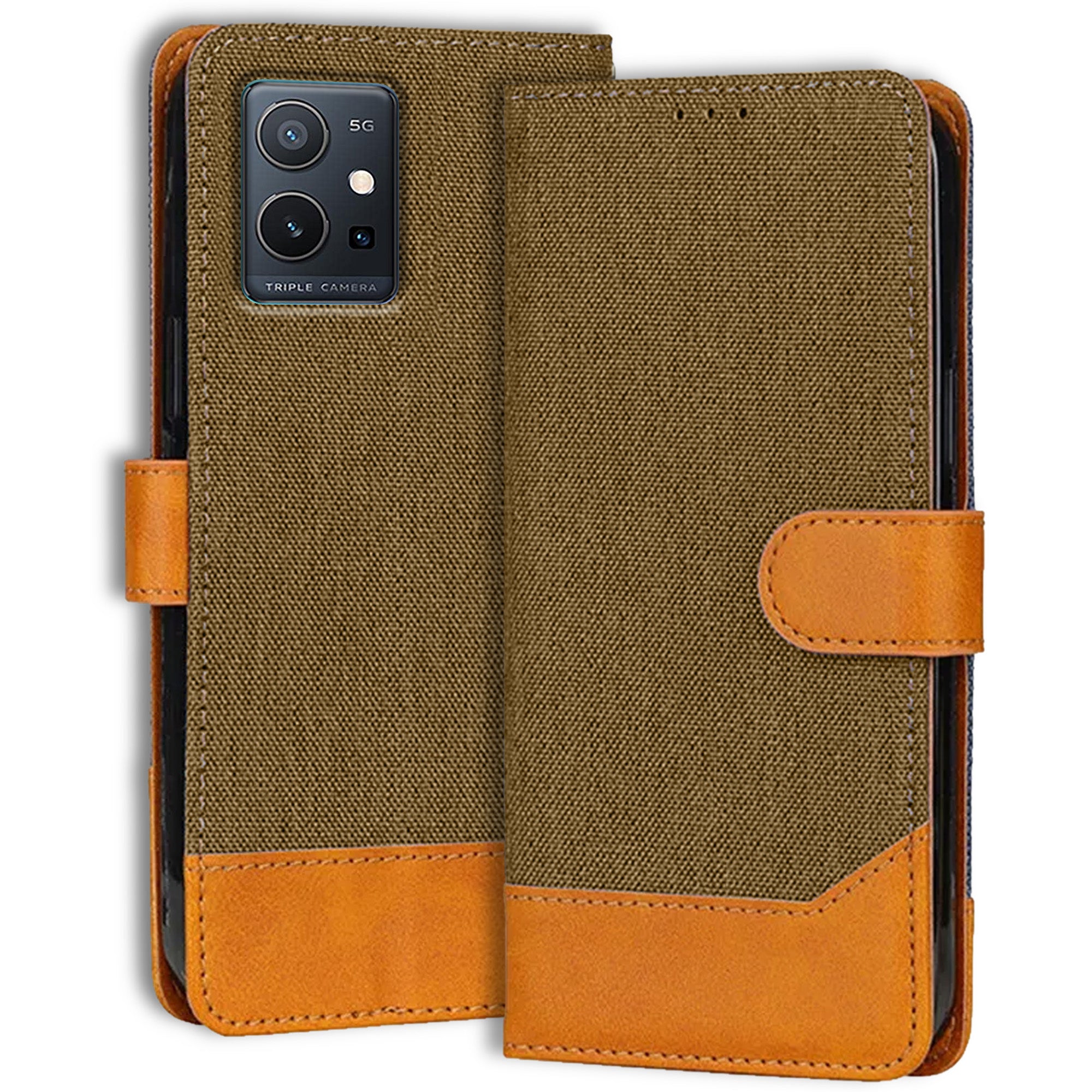 Accesorios Vivo Y75 5G denim flip cover – Dark Brown – Image 1 #color_dark brown