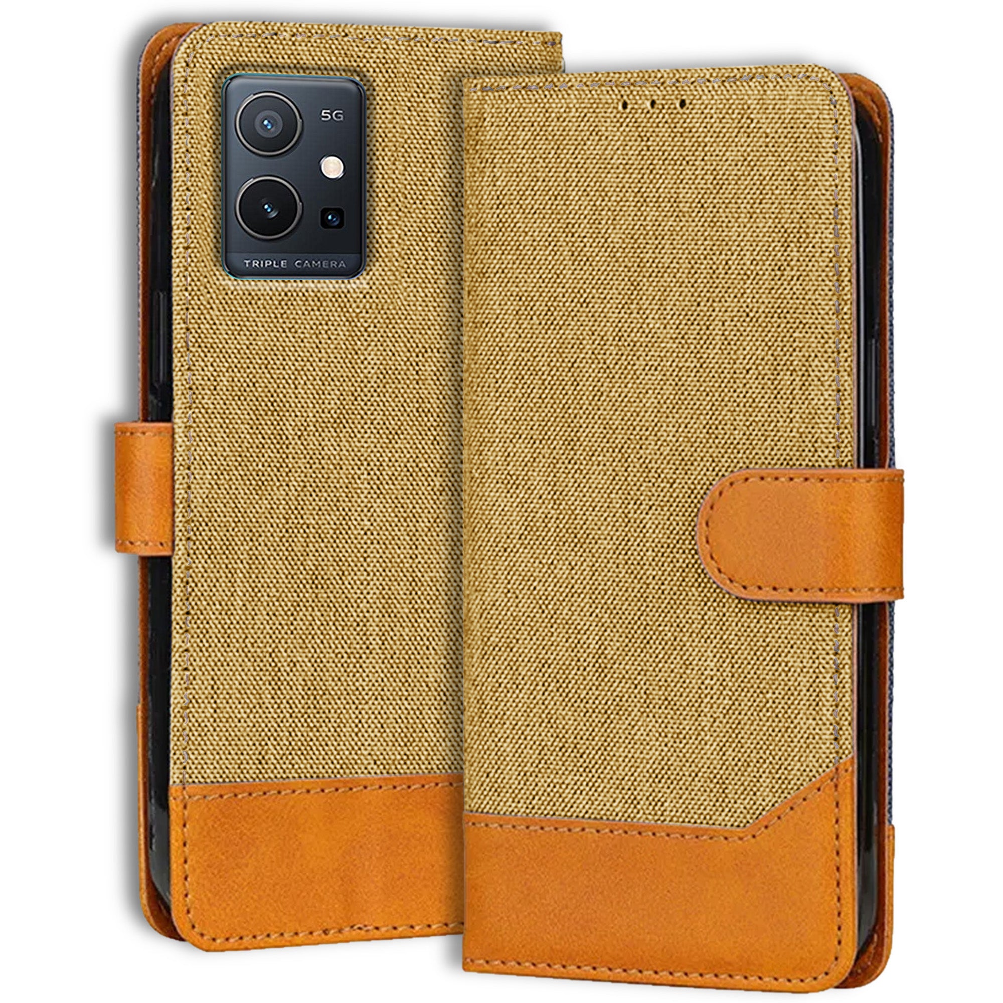 Accesorios Vivo Y75 5G denim flip cover – Light Brown – Image 1 #color_light brown