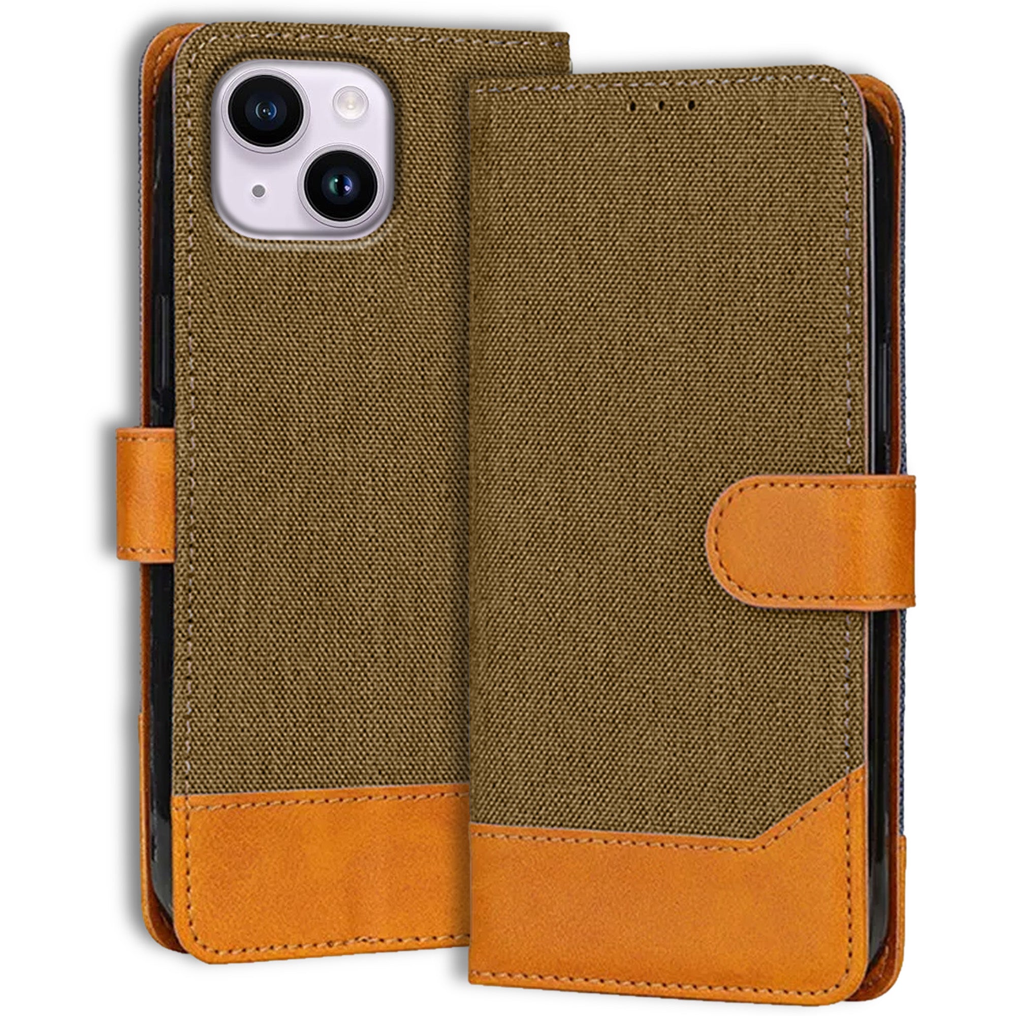 Accesorios iPhone 14 denim flip cover – Dark Brown – Image 1 #color_dark brown