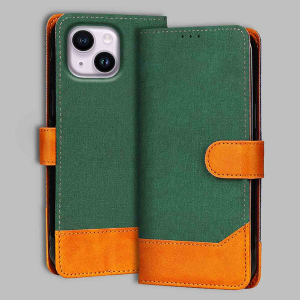 iPhone 14 Flip Cover — Chambray, Forest Green after a year of daily use