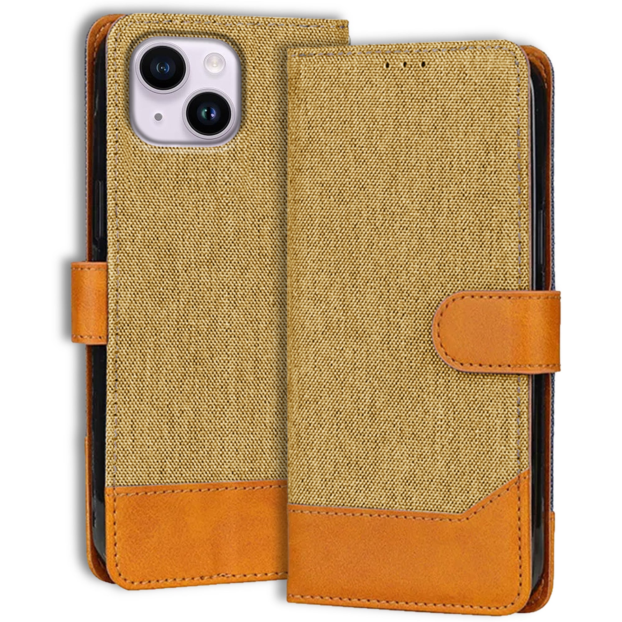 Accesorios iPhone 14 denim flip cover – Light Brown – Image 1 #color_light brown