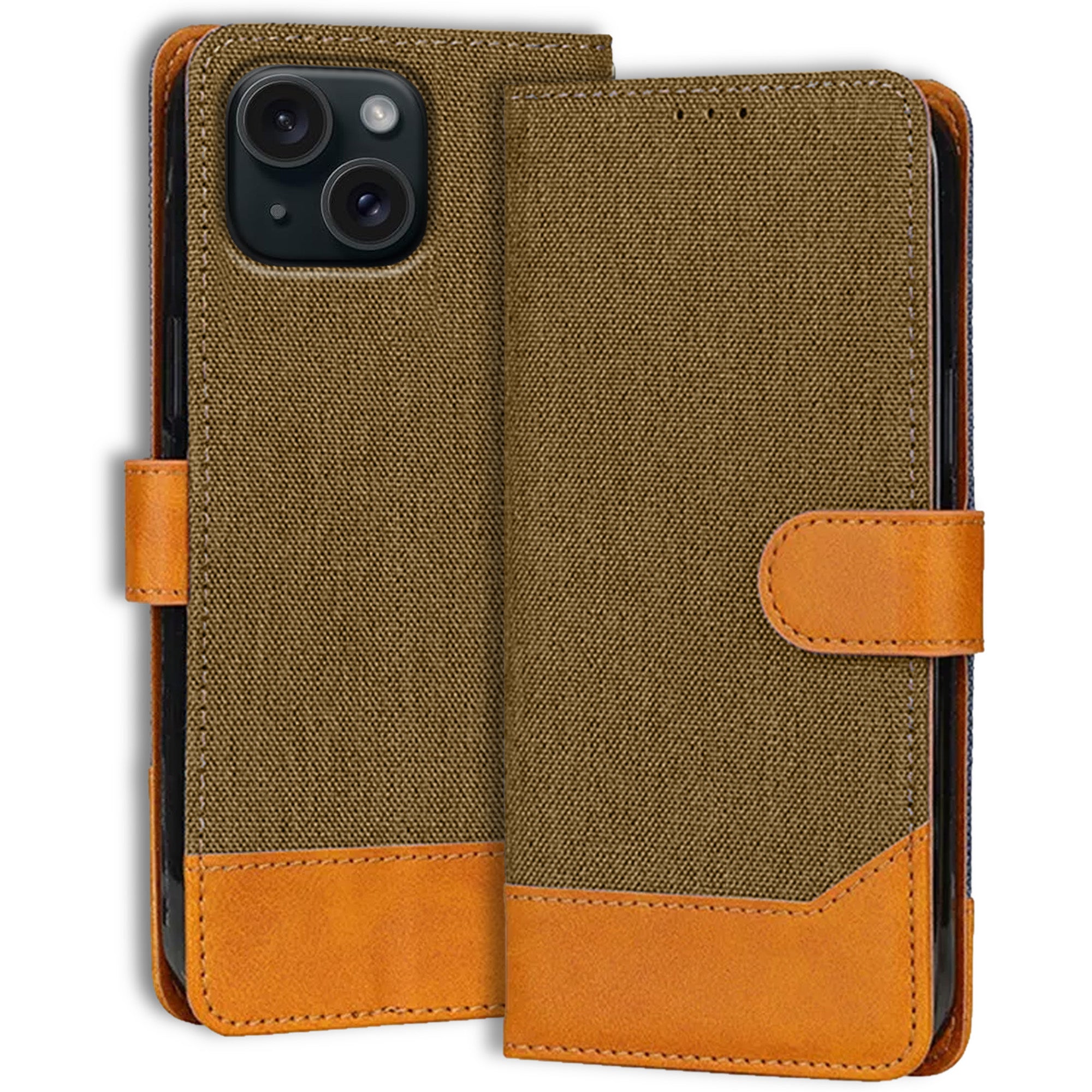 Accesorios iPhone 15 denim flip cover – Dark Brown – Image 1 #color_dark brown