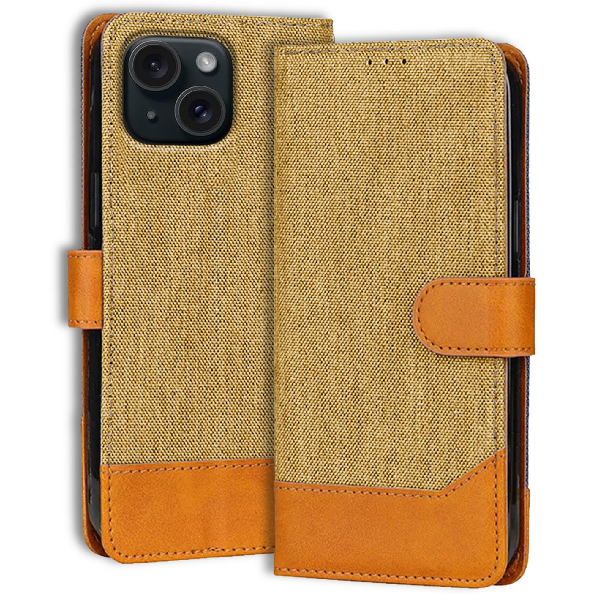 Accesorios iPhone 15 denim flip cover – Light Brown – Image 1 #color_light brown