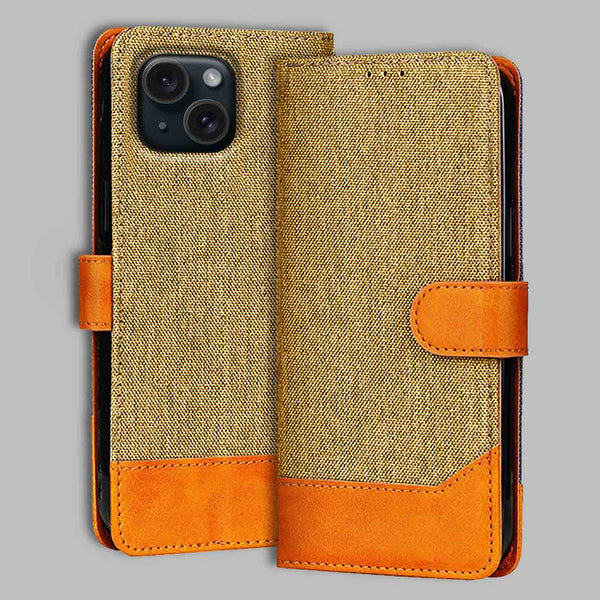 iPhone 15 Flip Cover — Denim, Camel Beige after a year of daily use