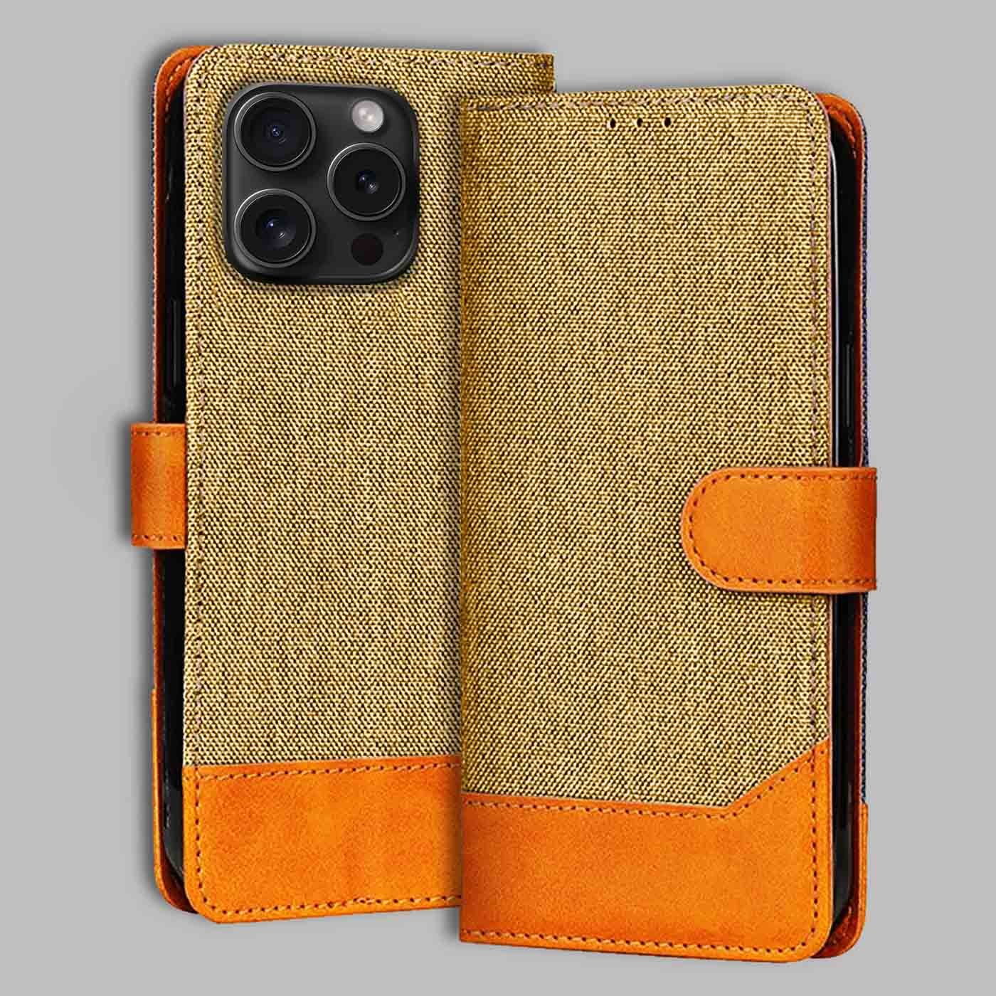 Accesorios iPhone 15 Pro denim flip cover – Light Brown – Image 1 #color_light b