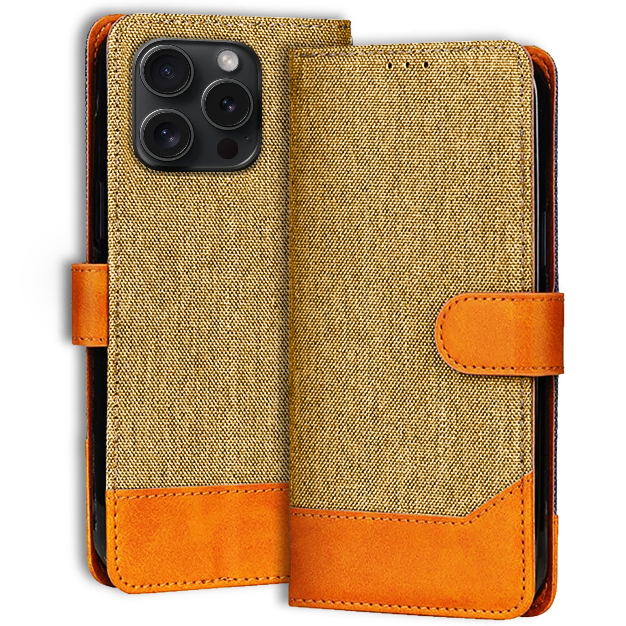 Accesorios iPhone 15 Pro denim flip cover – Light Brown – Image 1 #color_light brown