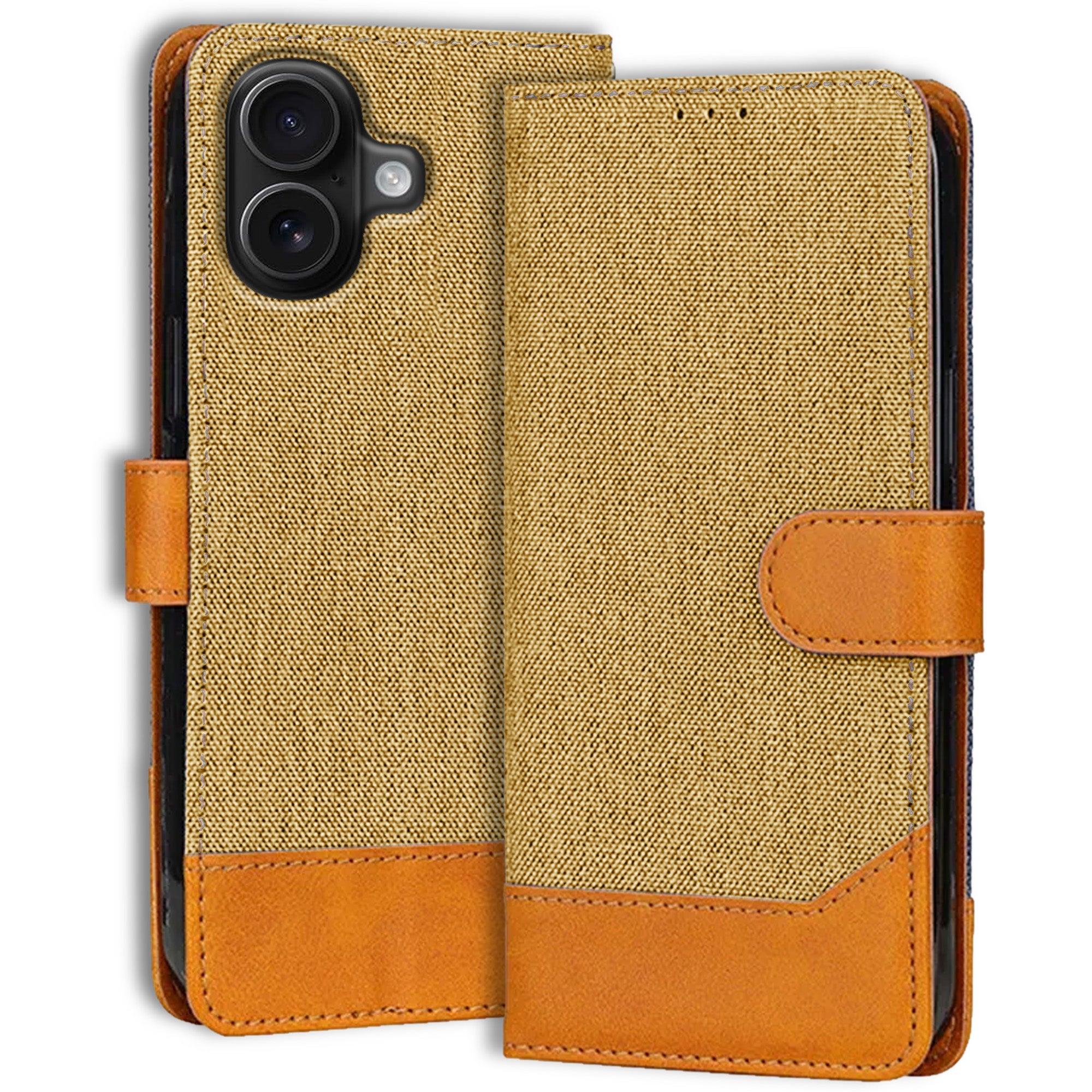Accesorios iPhone 16 denim flip cover – Light Brown – Image 1 #color_light brown