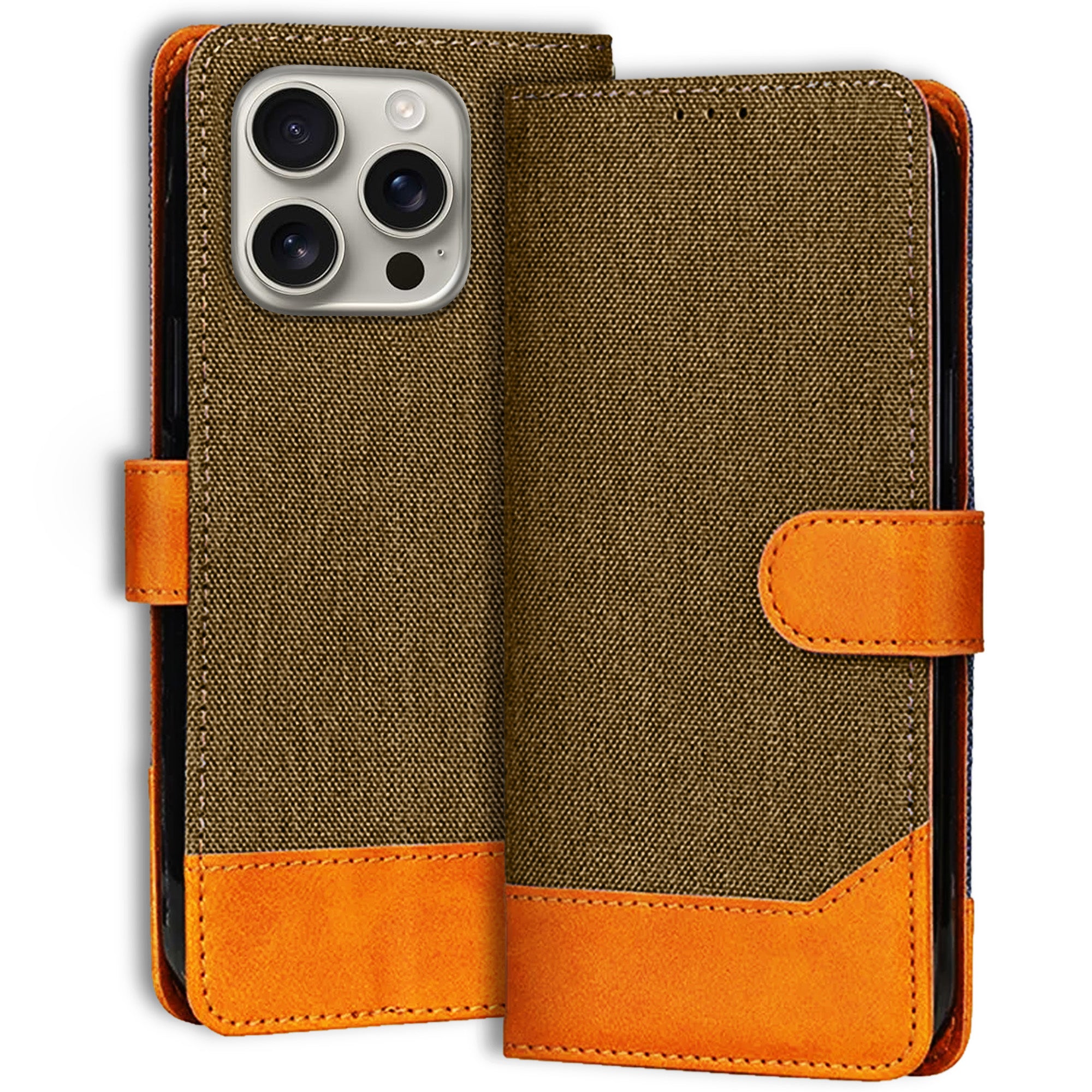 Accesorios iPhone 16 Pro denim flip cover – Dark Brown – Image 1 #color_dark brown