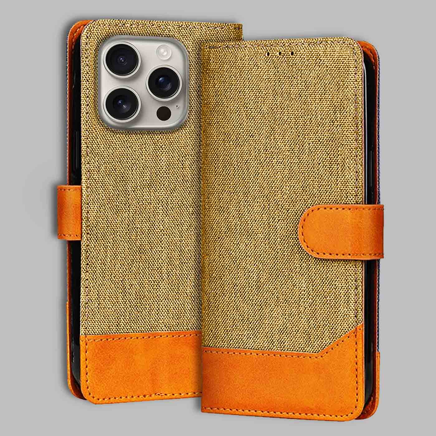 Accesorios iPhone 16 Pro denim flip cover – Light Brown – Image 1 #color_light b