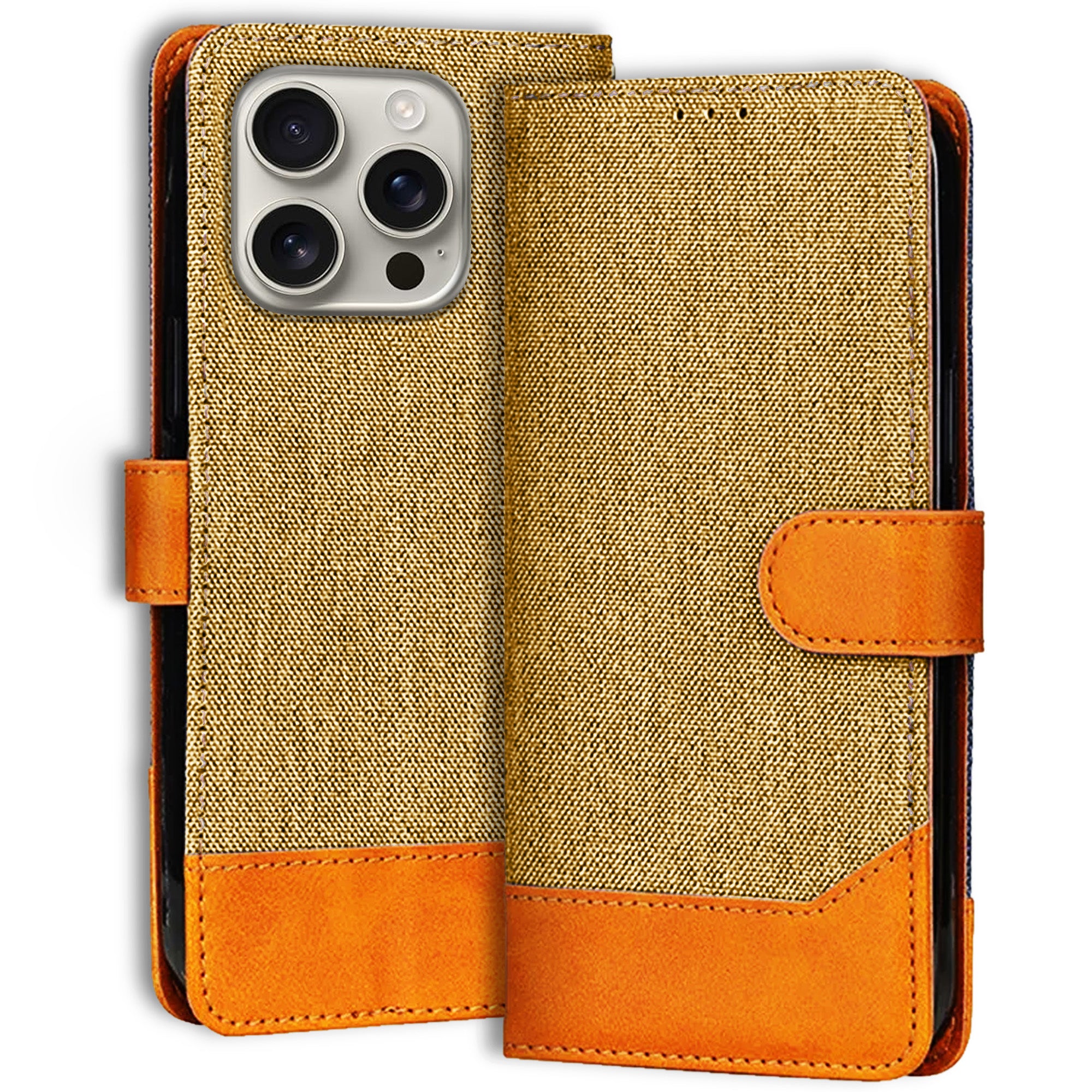 Accesorios iPhone 16 Pro denim flip cover – Light Brown – Image 1 #color_light brown
