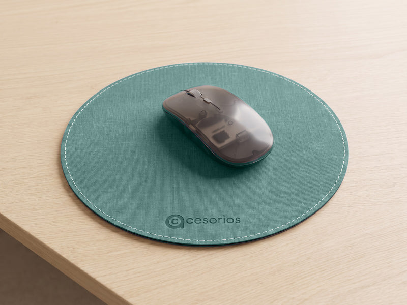 Flat round mouse pad with a white stitched edge, lying completely flat
