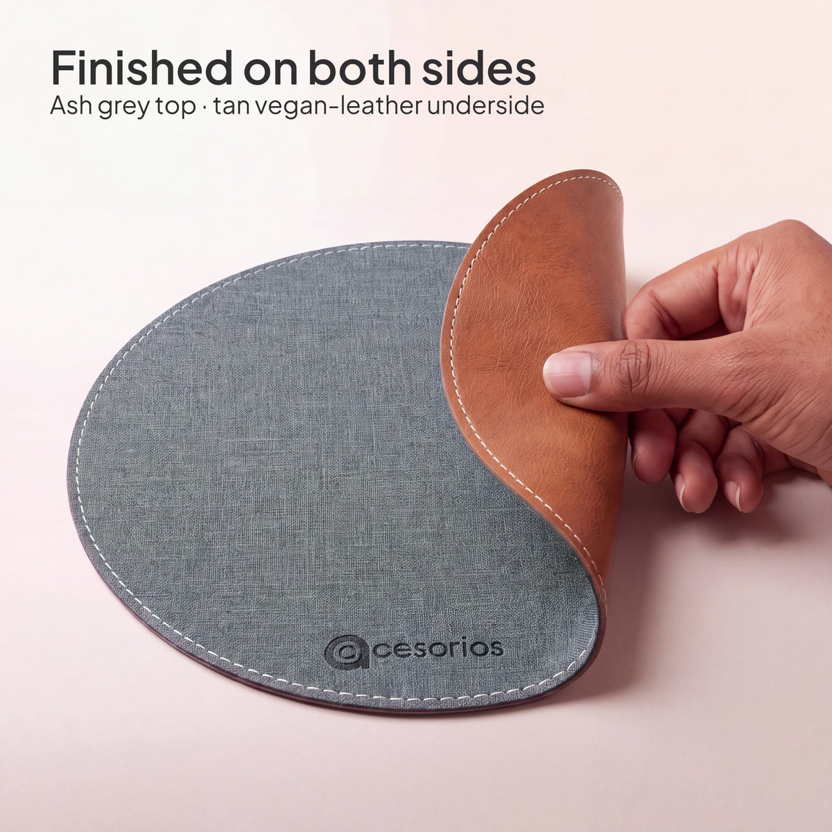 Ash Grey round chambray fabric mouse pad 23 cm - tan vegan leather underside, finished on both sides