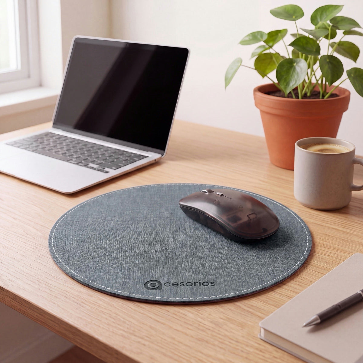 Ash Grey round chambray fabric mouse pad 23 cm - on an Indian home-office desk with laptop