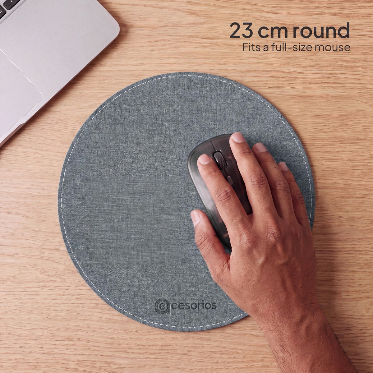 Ash Grey round chambray fabric mouse pad 23 cm - hand on mouse showing the 23 cm size