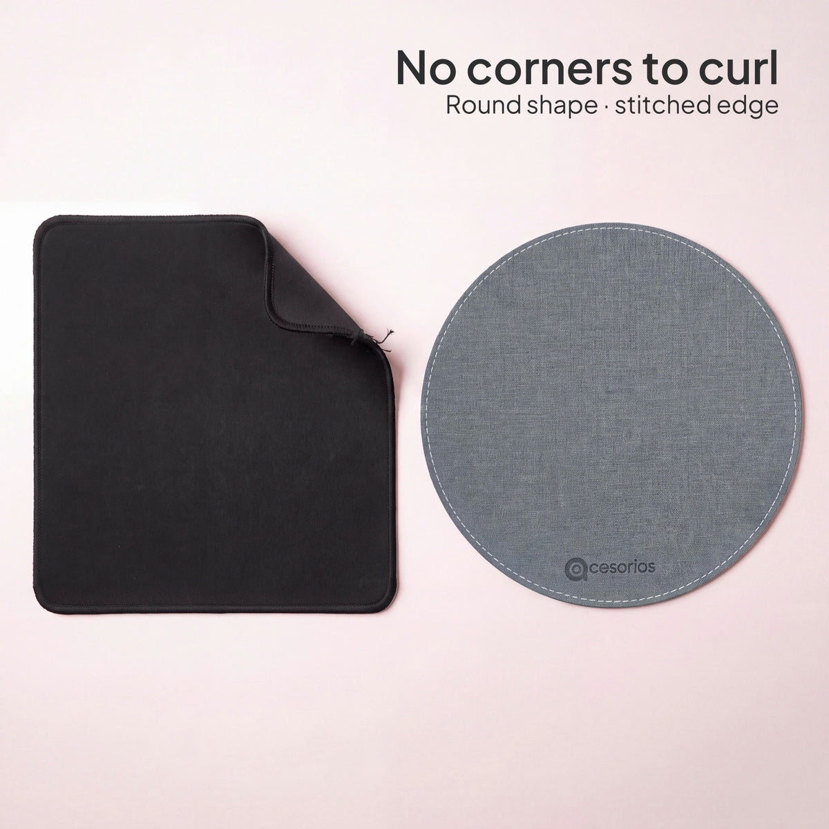 Ash Grey round chambray fabric mouse pad 23 cm - next to a curled rectangular pad - no corners to curl