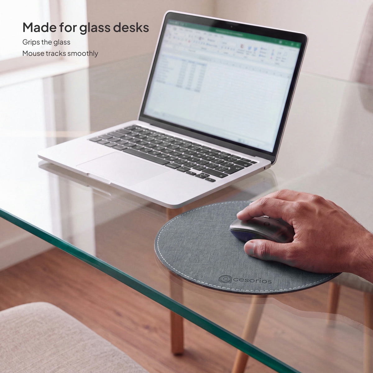 Ash Grey round chambray fabric mouse pad 23 cm - on a glass desk with a mouse