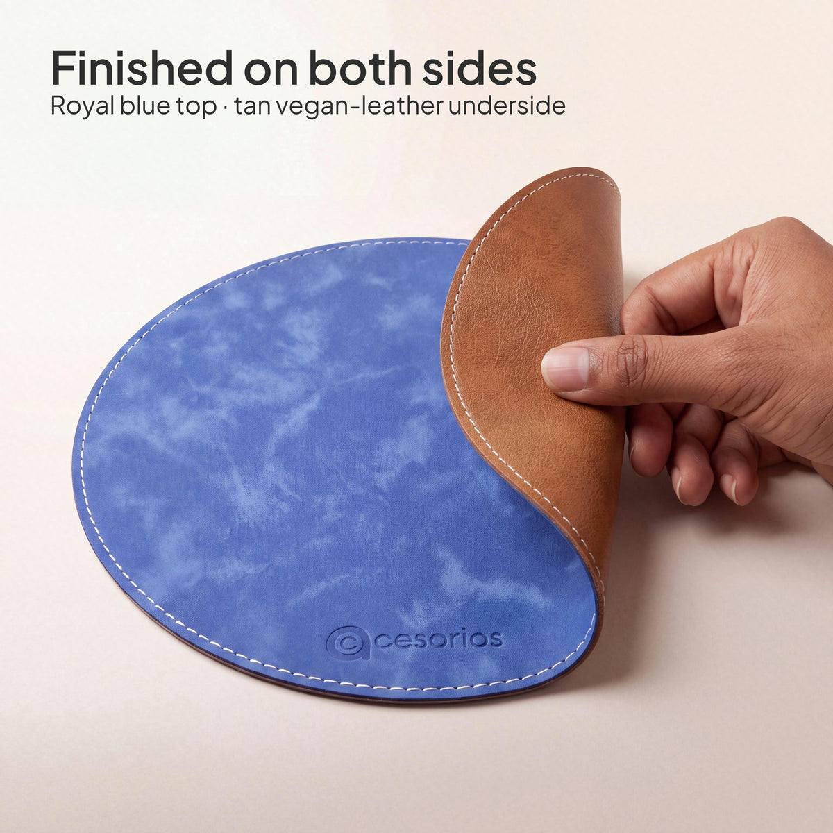 Royal Blue round vegan leather mouse pad 23 cm - tan vegan leather underside, finished on both sides