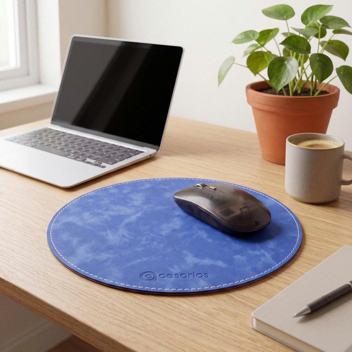 Royal Blue round vegan leather mouse pad 23 cm - on an Indian home-office desk with laptop