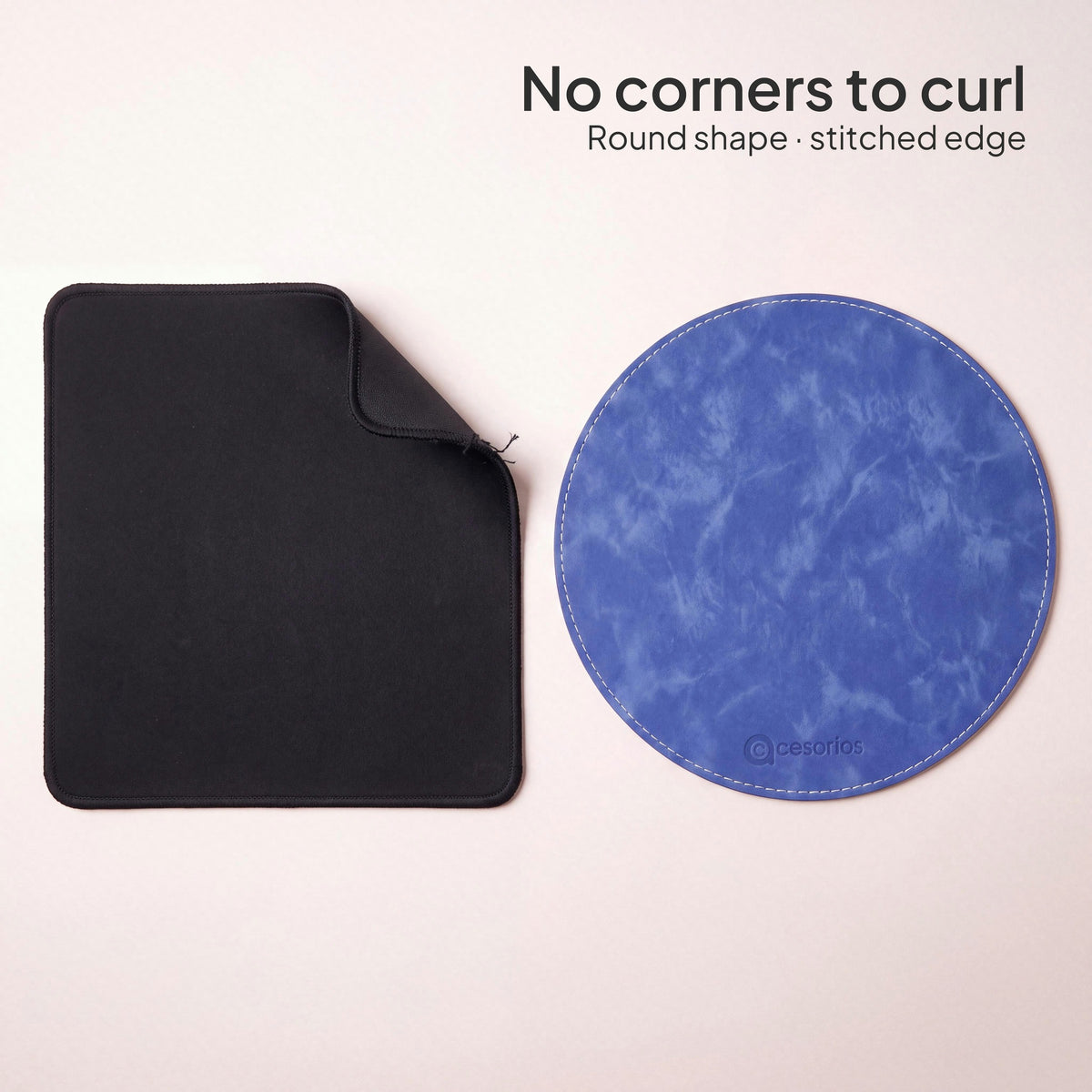 Royal Blue round vegan leather mouse pad 23 cm - next to a curled rectangular pad - no corners to curl