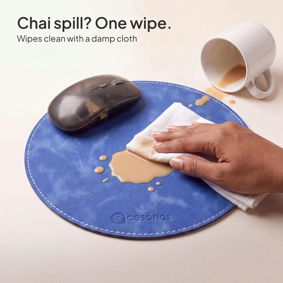 Royal Blue round vegan leather mouse pad 23 cm - chai spill wiped clean with a damp cloth