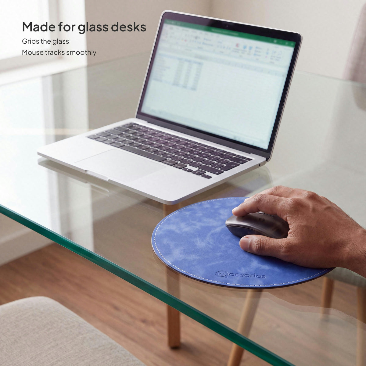 Royal Blue round vegan leather mouse pad 23 cm - on a glass desk, mouse tracking smoothly