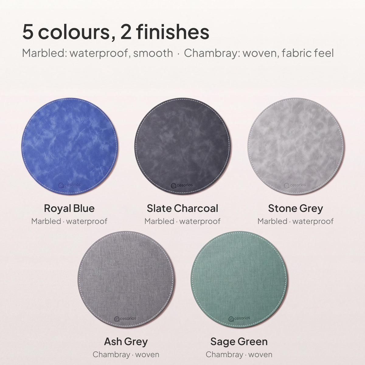 Royal Blue round vegan leather mouse pad 23 cm - all 5 colours - Royal Blue, Slate Charcoal, Stone Grey, Ash Grey, Sage Green