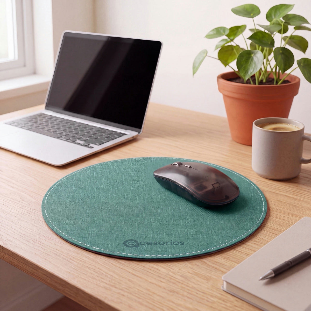 Sage Green round chambray fabric mouse pad 23 cm - on an Indian home-office desk with laptop