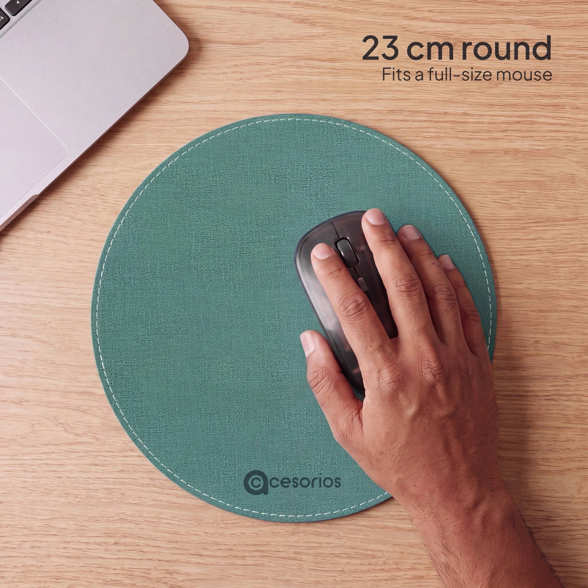 Sage Green round chambray fabric mouse pad 23 cm - hand on mouse showing the 23 cm size