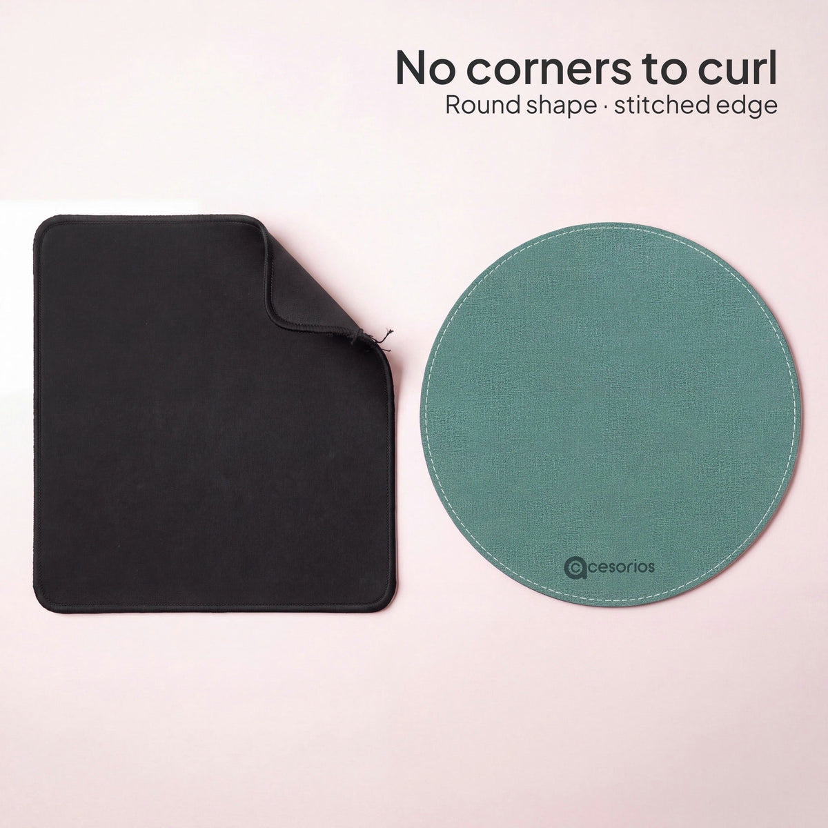Sage Green round chambray fabric mouse pad 23 cm - next to a curled rectangular pad - no corners to curl