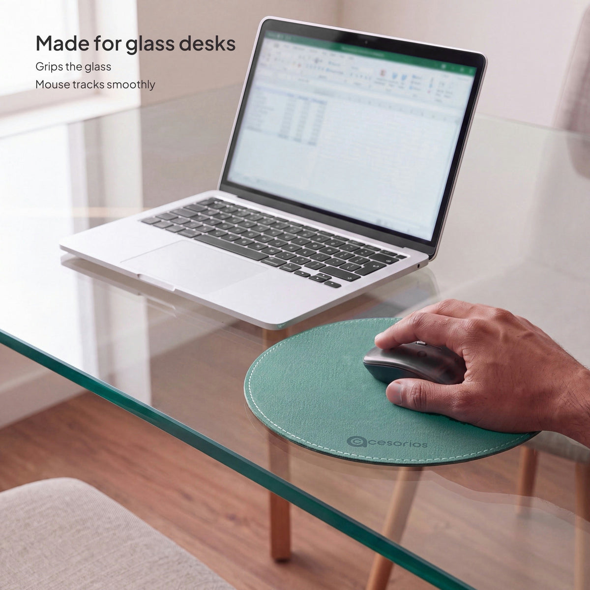 Sage Green round chambray fabric mouse pad 23 cm - on a glass desk with a mouse