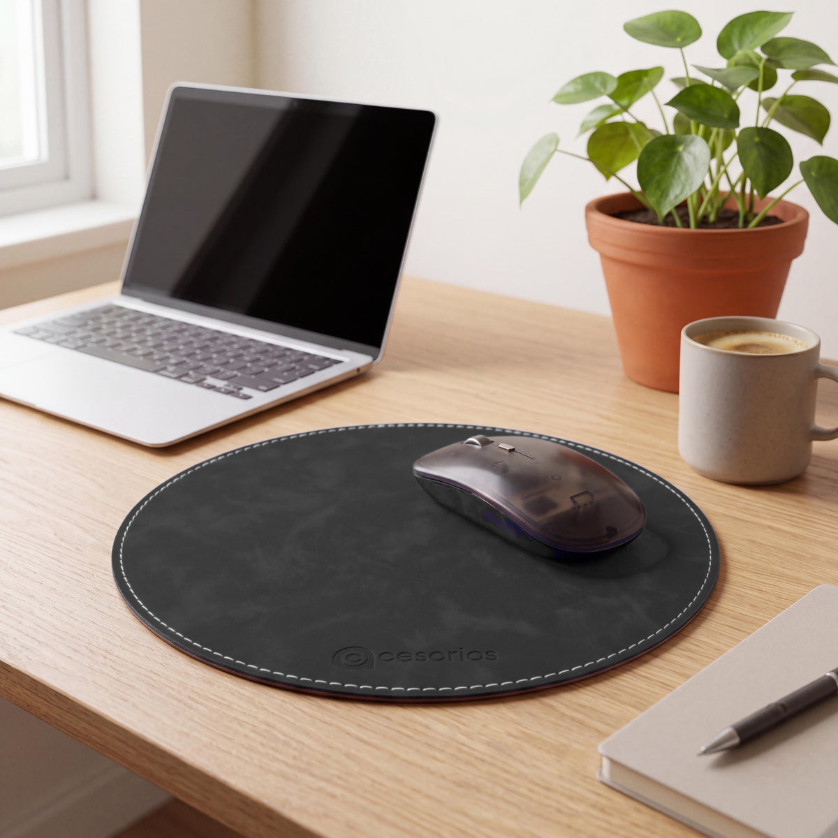 Slate Charcoal round vegan leather mouse pad 23 cm - on an Indian home-office desk with laptop