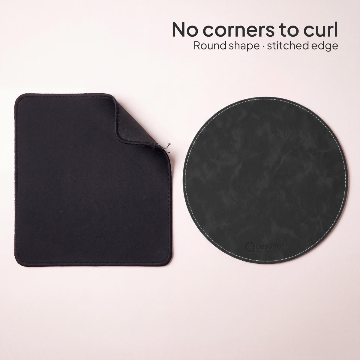 Slate Charcoal round vegan leather mouse pad 23 cm - next to a curled rectangular pad - no corners to curl