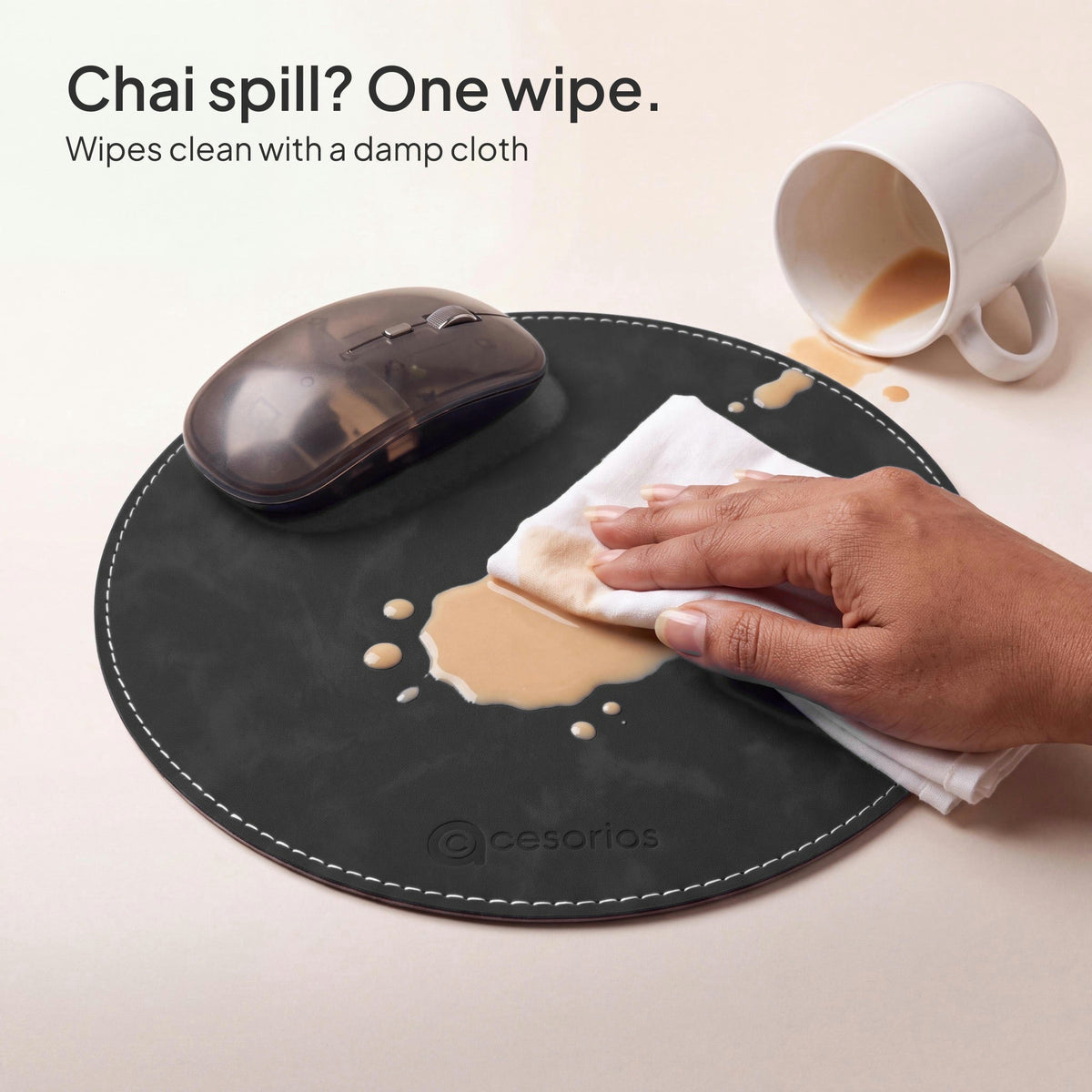 Slate Charcoal round vegan leather mouse pad 23 cm - chai spill wiped clean with a damp cloth