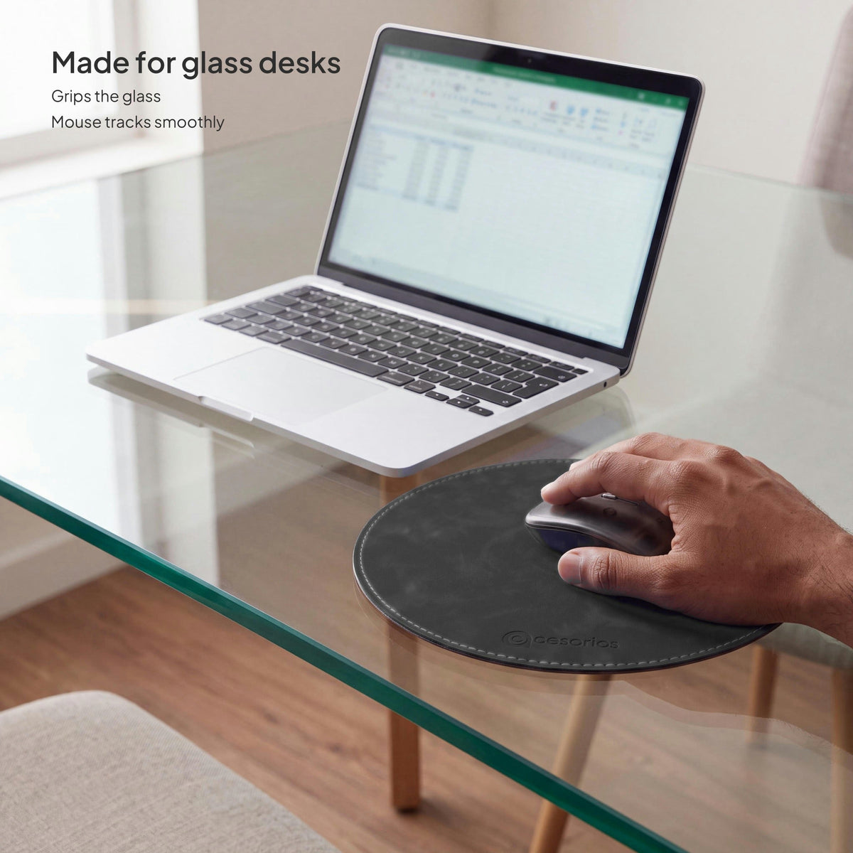 Slate Charcoal round vegan leather mouse pad 23 cm - on a glass desk, mouse tracking smoothly