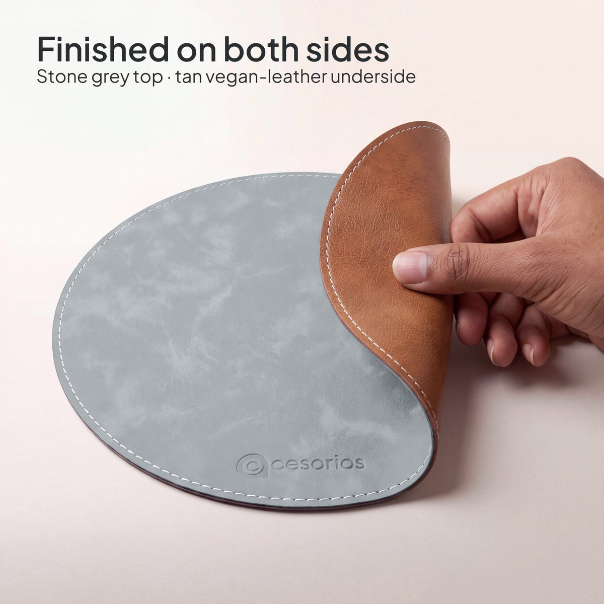 Stone Grey round vegan leather mouse pad 23 cm - tan vegan leather underside, finished on both sides