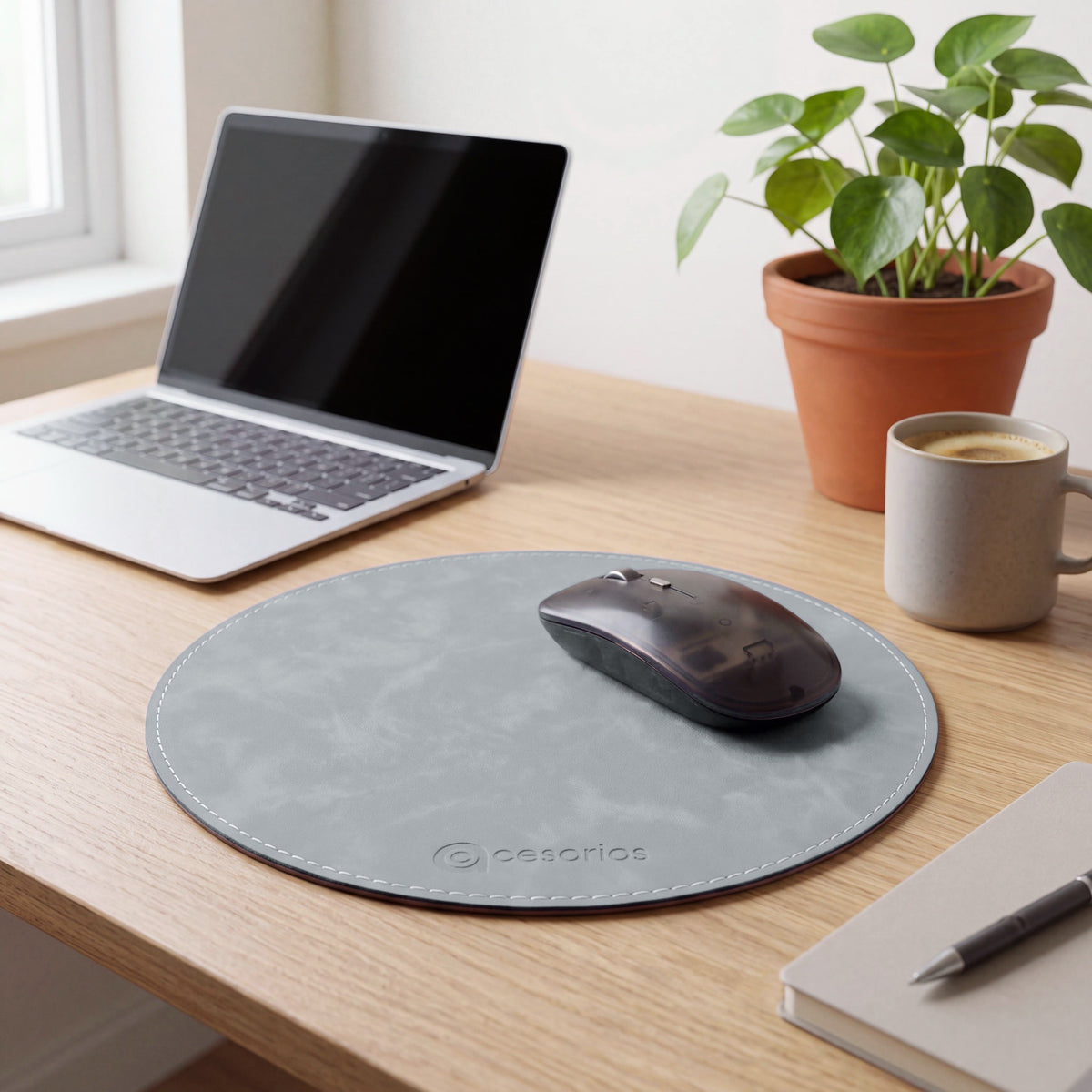 Stone Grey round vegan leather mouse pad 23 cm - on an Indian home-office desk with laptop
