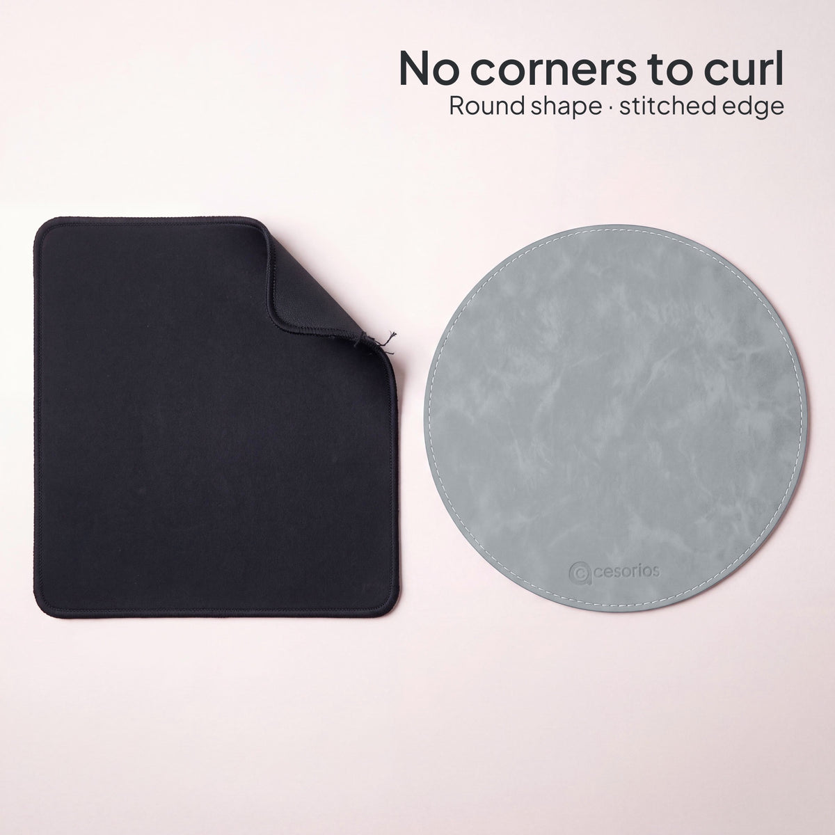 Stone Grey round vegan leather mouse pad 23 cm - next to a curled rectangular pad - no corners to curl