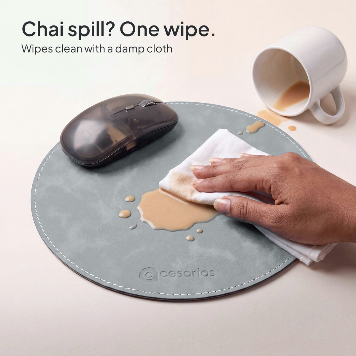 Stone Grey round vegan leather mouse pad 23 cm - chai spill wiped clean with a damp cloth