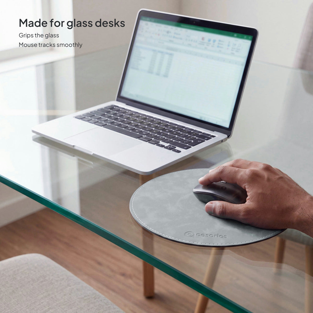 Stone Grey round vegan leather mouse pad 23 cm - on a glass desk, mouse tracking smoothly